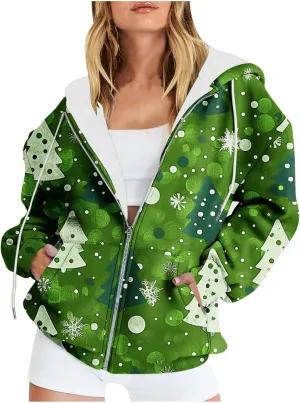 Quilted Jackets for Women Casual Christmas Print Winter Coats Full Zip Hoodies Long Sleeve Sweatshirt with Pockets