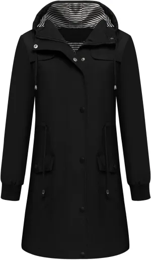 Raincoats for Women with Hood Waterproof Long Hooded Trench Coat Lined Windbreaker Travel Jacket Outdoor Raincoat Coat