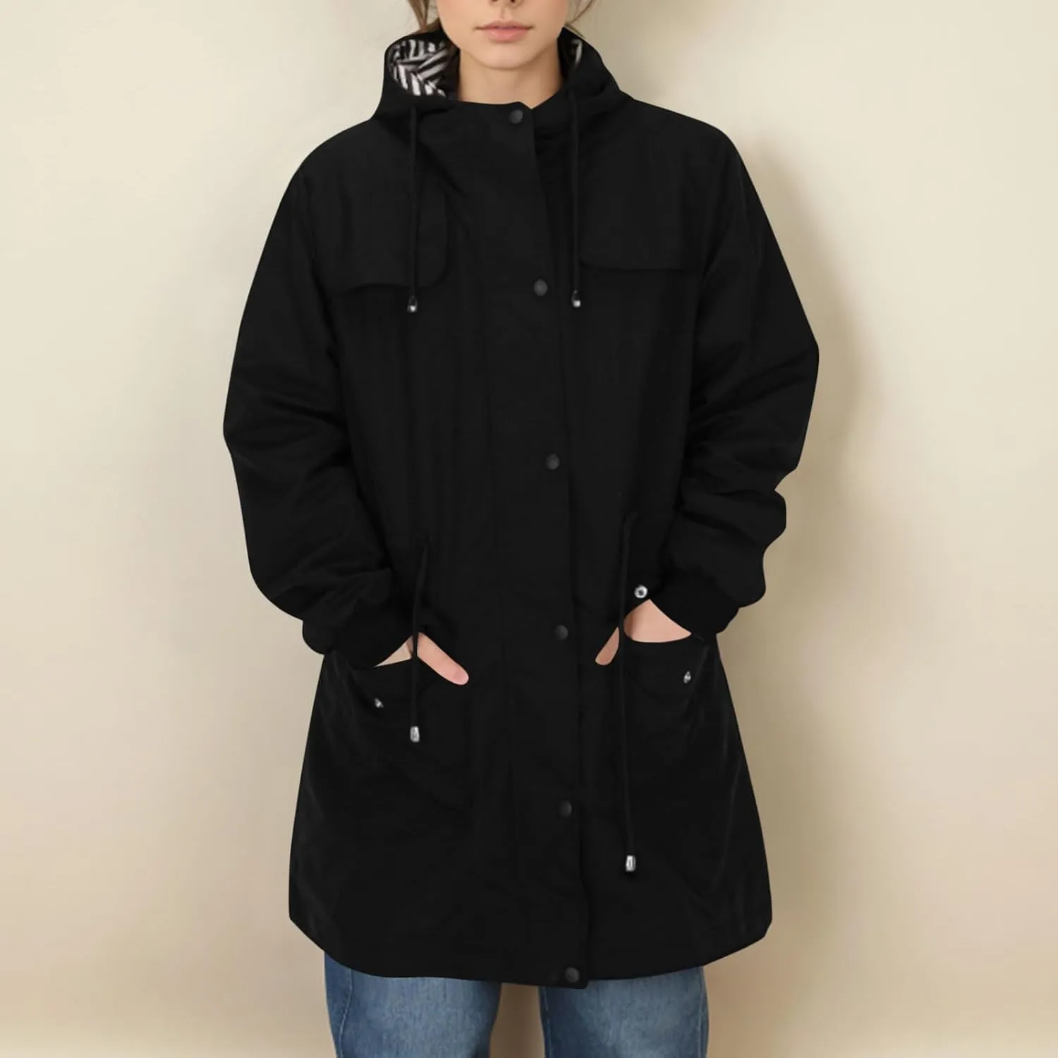 Raincoats for Women with Hood Waterproof Long Hooded Trench Coat Lined Windbreaker Travel Jacket Outdoor Raincoat Coat