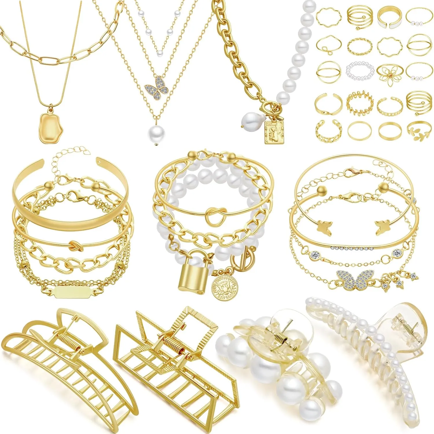 Remuuly 43 Pcs Gold Jewelry Set with 6 Necklace, 13 Bracelet, 20 Rings and 4 Hair Claw Clips Jewelry Set for Women Teens Gold Accessories for Birthday Party Friendship Gift