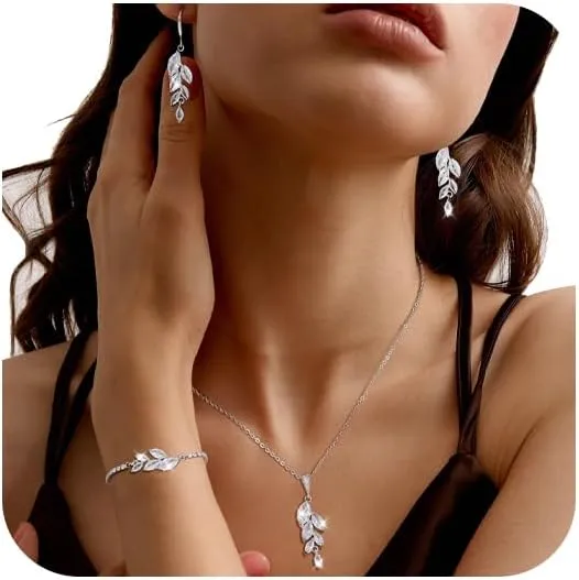 Ritach Jewelry Set for Women - Necklace Dangle Earrings Bracelet Set - Jewelry Set with White AAA Cubic Zirconia Allergy Free Wedding Party Jewelry for Bridal Bridesmaid