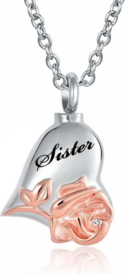 Rose Flower Urn Necklace Cremation Jewelry for Ashes Heart Keepsake Memorial Locket Jewelry for Women