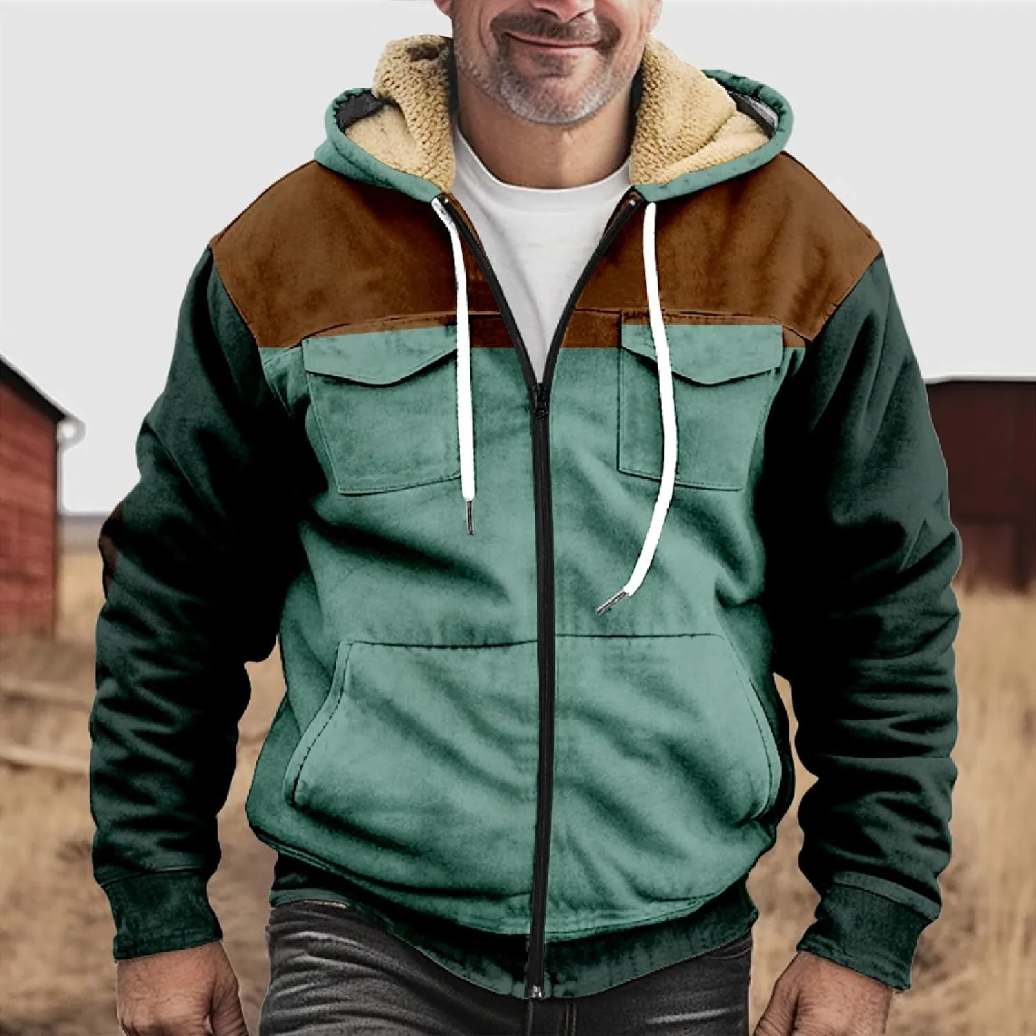 RTRDE Mens Sherpa Lined Jacket with Hood Winter Full Zip Up Hoodies Jacket Fleece Heavyweight Coats Pockets Jacket