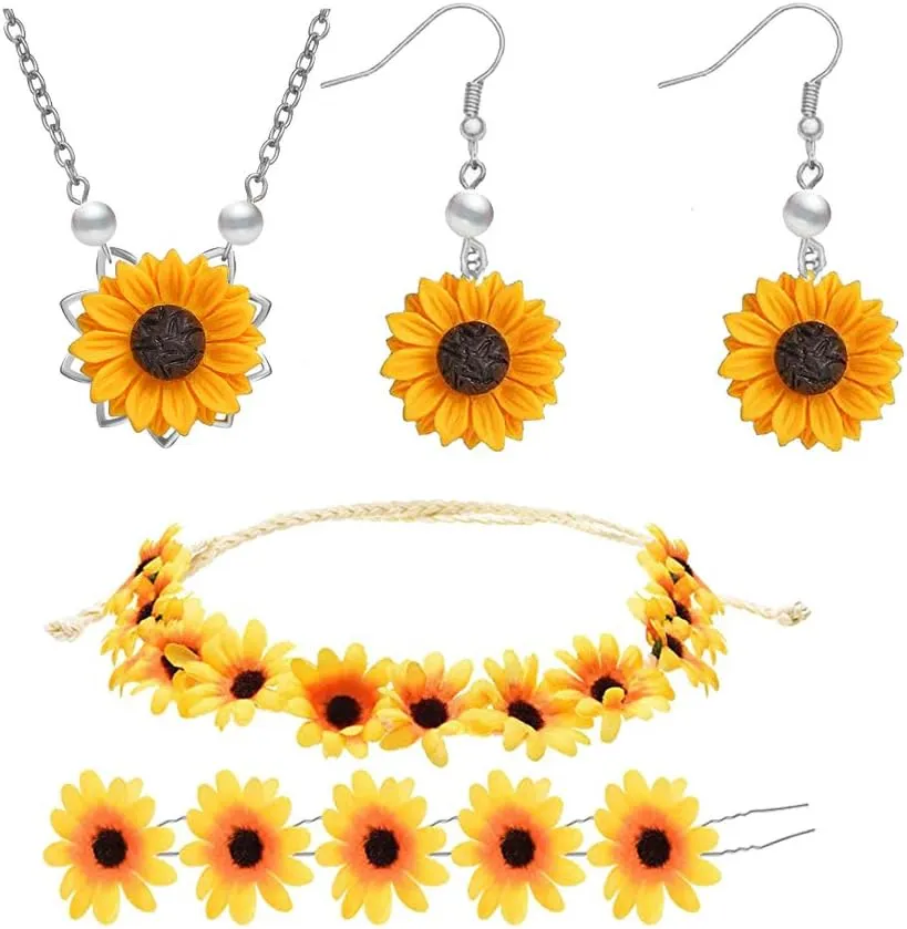 RUIZHEN 8 Pieces Sunflower Pendant Necklace Dangle Earrings Sunflower Hair Clip Sunflower Boho Headband Wreath Jewelry Accessories for Women