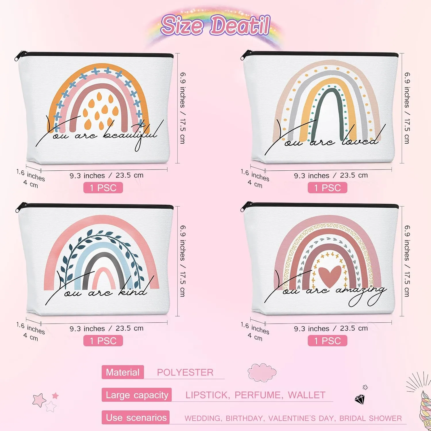 Saintrygo 4 Pcs Rainbow Cosmetic Bag Teacher Nurse Inspirational Gift Bags for Women Girls You Are Loved Beautiful Kind Makeup Bag Bulk Personalized Canvas Purse Pouch for Toiletry Travel