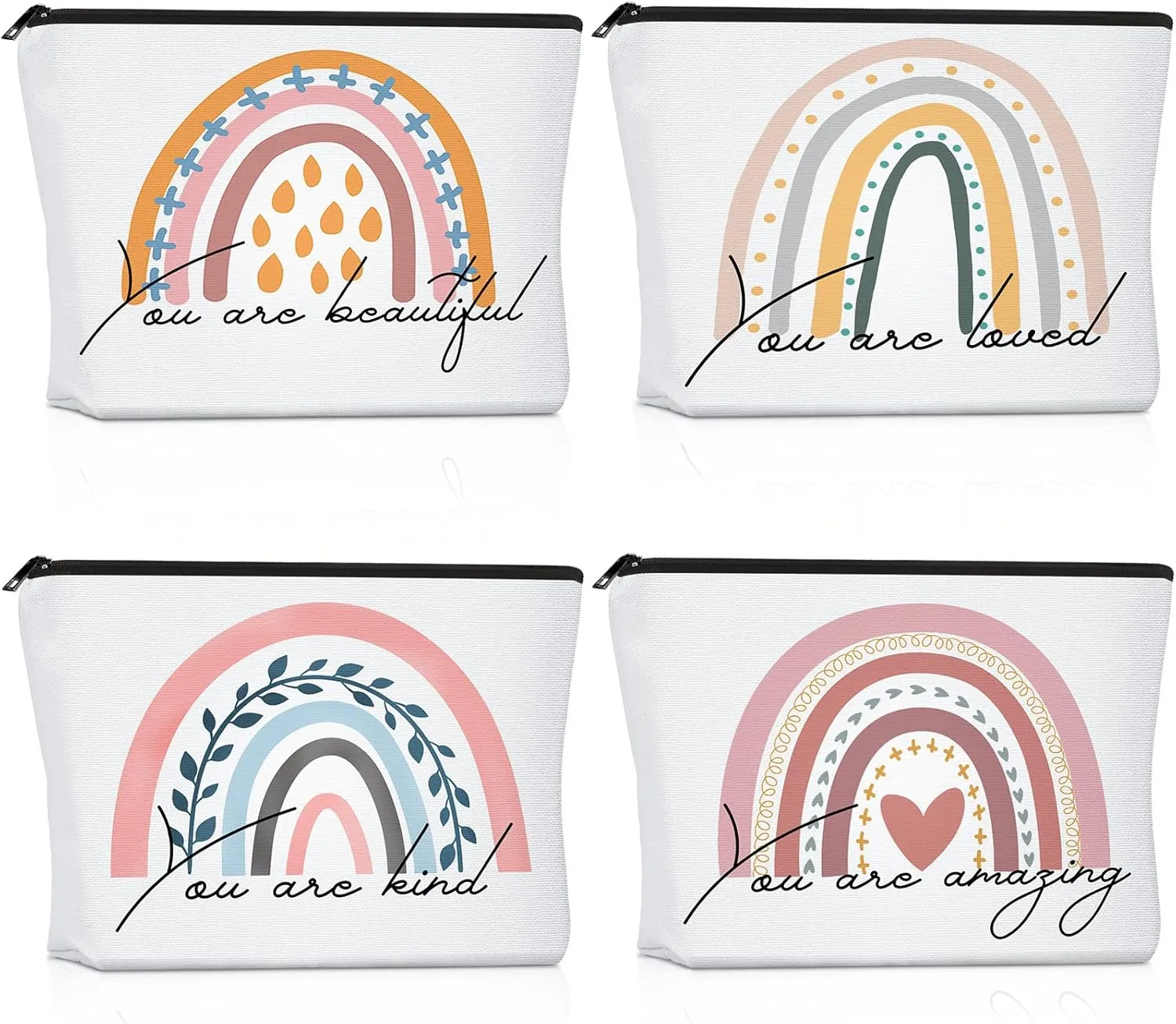Saintrygo 4 Pcs Rainbow Cosmetic Bag Teacher Nurse Inspirational Gift Bags for Women Girls You Are Loved Beautiful Kind Makeup Bag Bulk Personalized Canvas Purse Pouch for Toiletry Travel