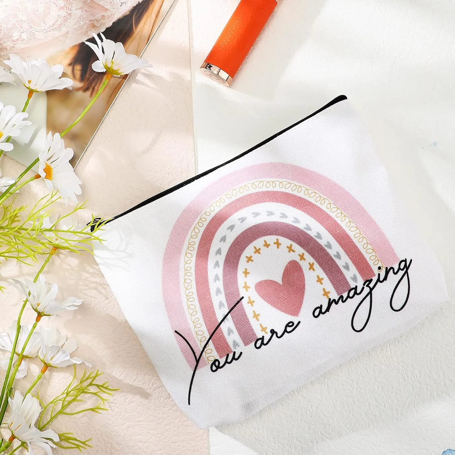 Saintrygo 4 Pcs Rainbow Cosmetic Bag Teacher Nurse Inspirational Gift Bags for Women Girls You Are Loved Beautiful Kind Makeup Bag Bulk Personalized Canvas Purse Pouch for Toiletry Travel
