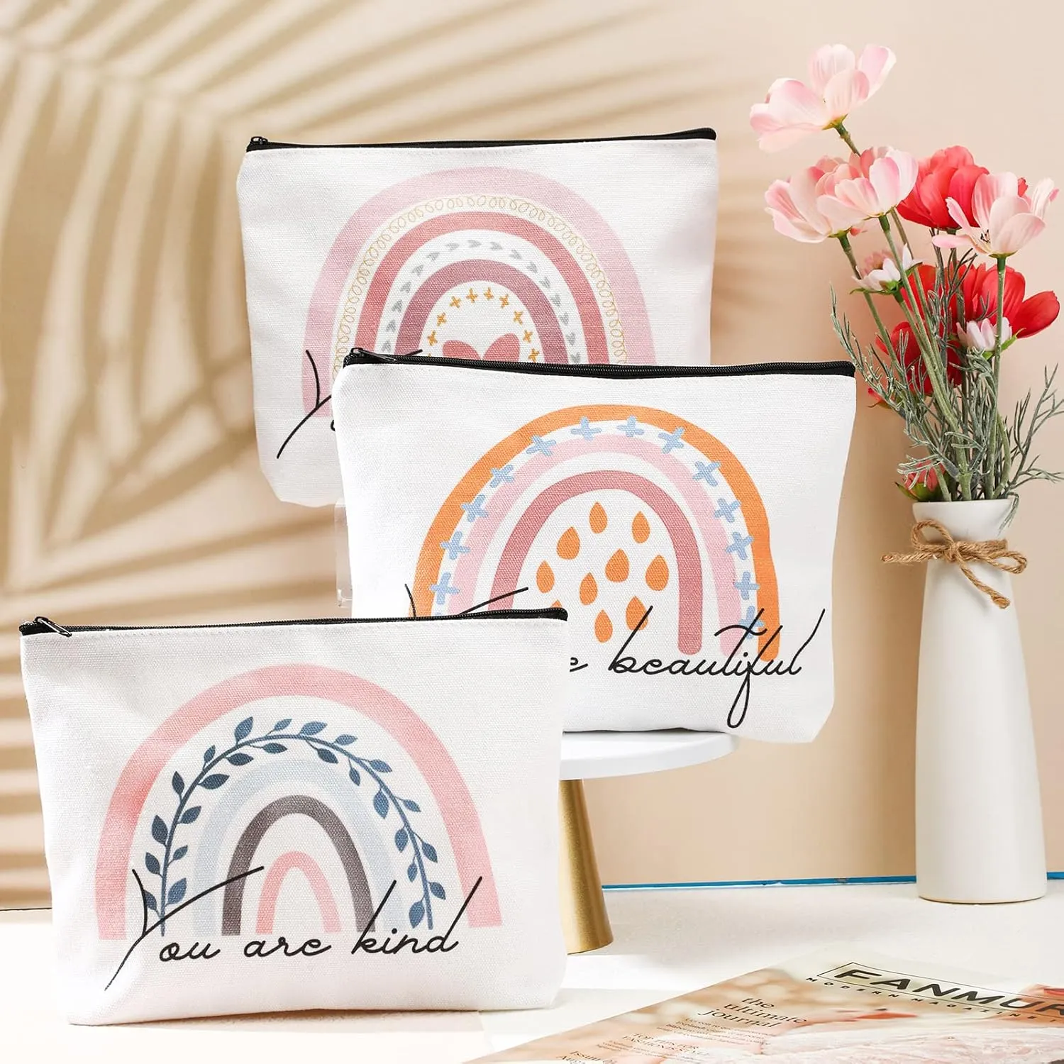 Saintrygo 4 Pcs Rainbow Cosmetic Bag Teacher Nurse Inspirational Gift Bags for Women Girls You Are Loved Beautiful Kind Makeup Bag Bulk Personalized Canvas Purse Pouch for Toiletry Travel