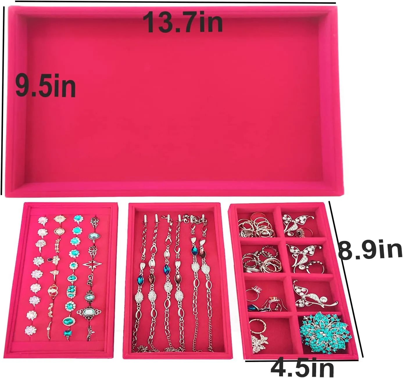 Set of 4 Stackable Jewelry Organizer Trays Jewelry Drawer Inserts Ring Earring Necklace Organizer Box Jewelry Display Showcase Holder for Women Girls Drawers Closet Vanity