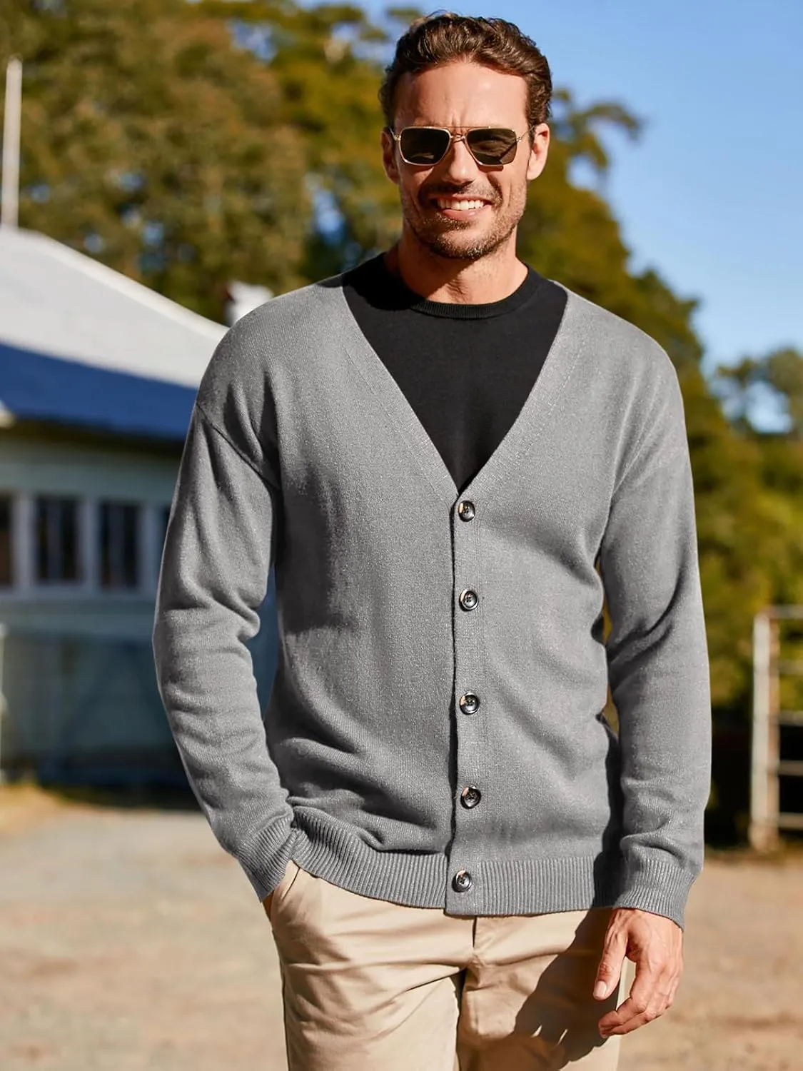 Shanfetl Men's Lightweight Cardigan Sweater Single-Breasted V-Neck Knitted Cardigans