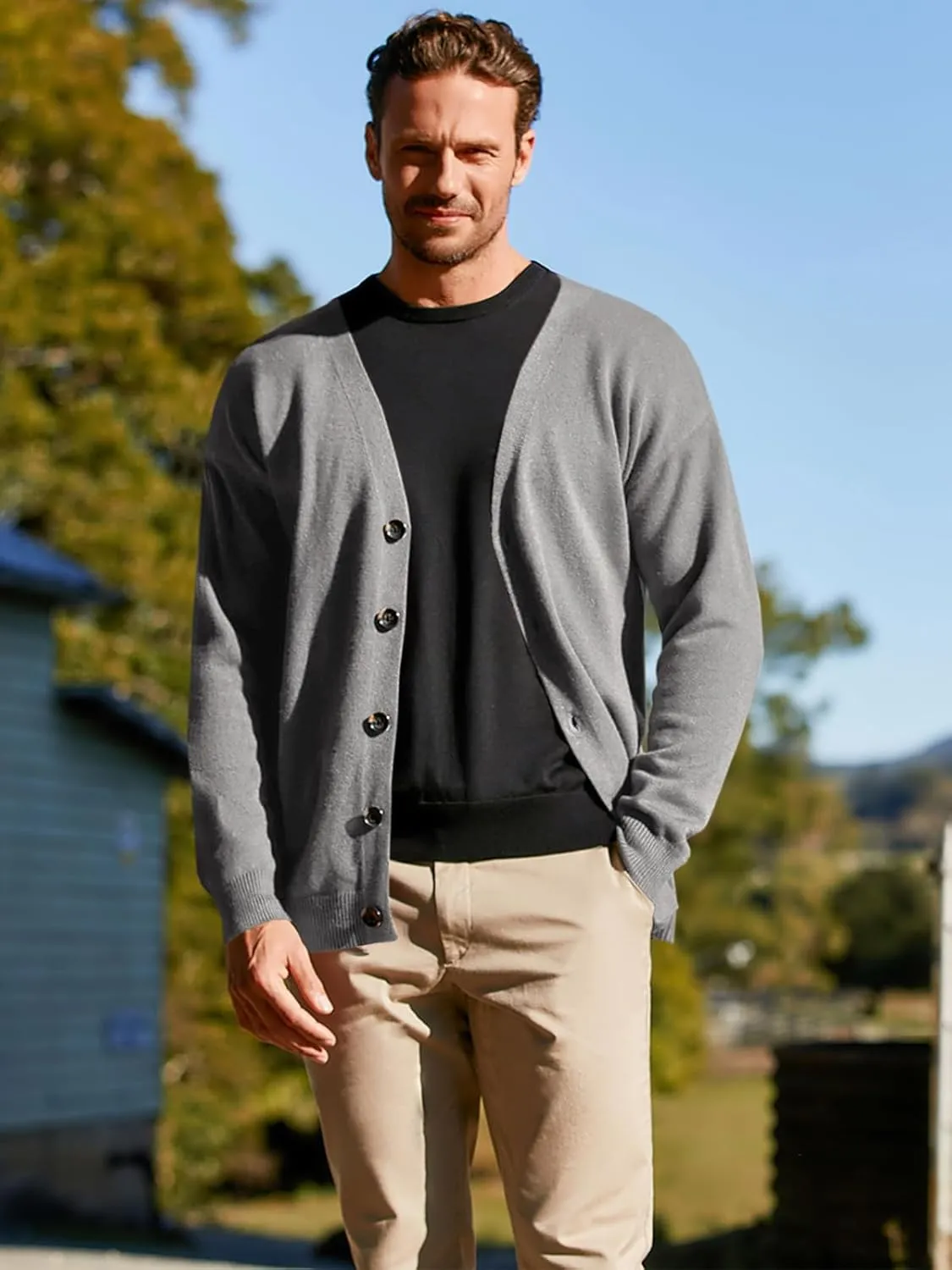 Shanfetl Men's Lightweight Cardigan Sweater Single-Breasted V-Neck Knitted Cardigans
