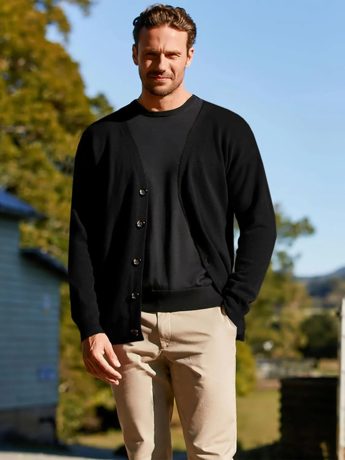 Shanfetl Men's Lightweight Cardigan Sweater Single-Breasted V-Neck Knitted Cardigans