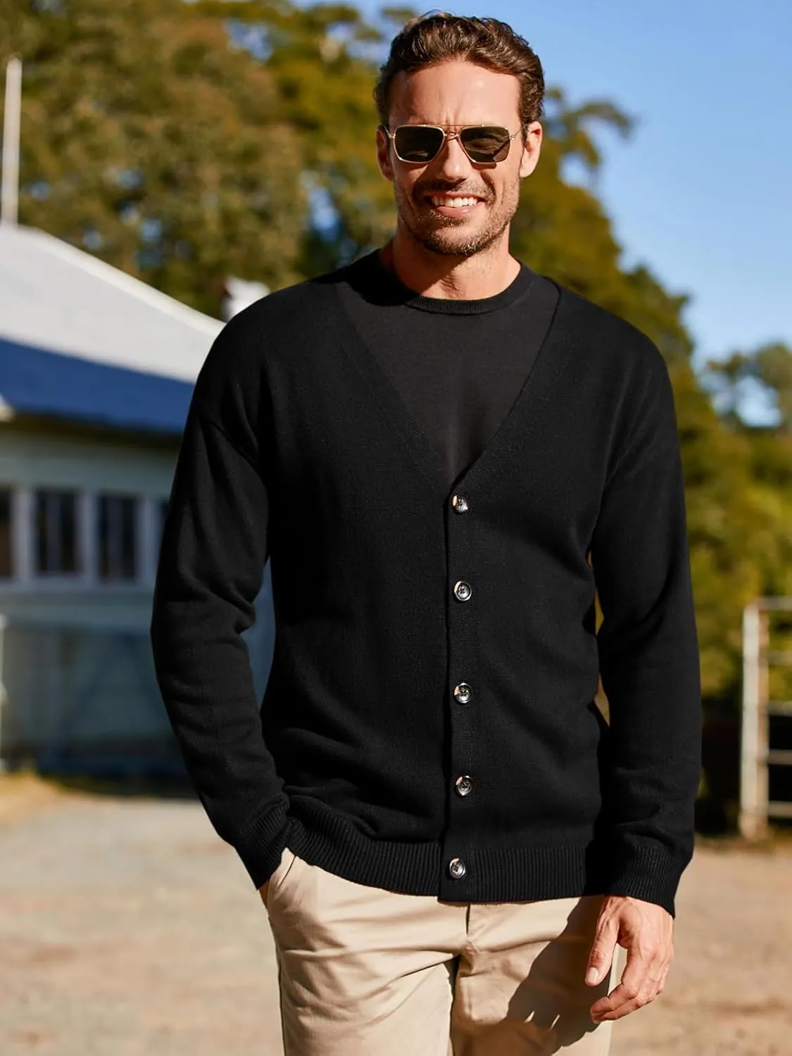 Shanfetl Men's Lightweight Cardigan Sweater Single-Breasted V-Neck Knitted Cardigans