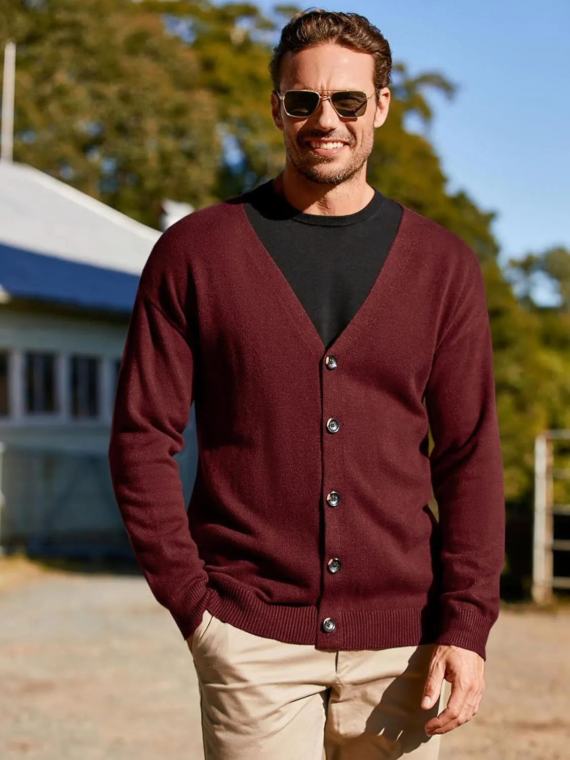 Shanfetl Men's Lightweight Cardigan Sweater Single-Breasted V-Neck Knitted Cardigans