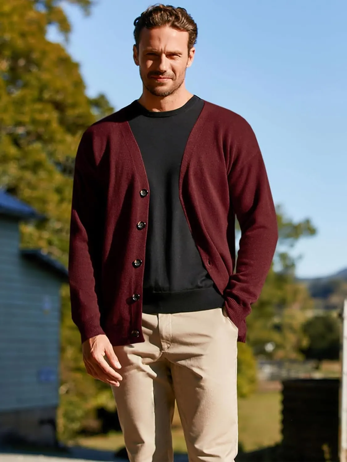 Shanfetl Men's Lightweight Cardigan Sweater Single-Breasted V-Neck Knitted Cardigans