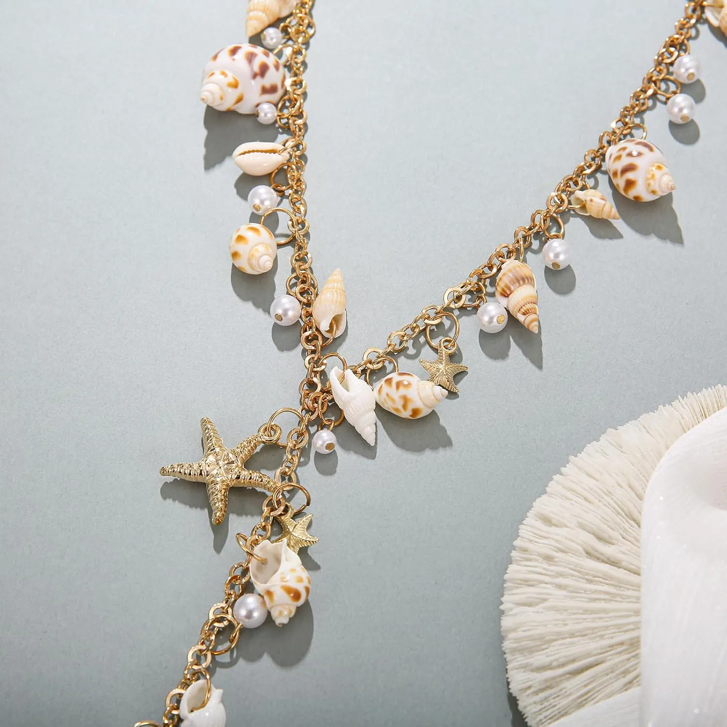Shell Starfish Necklace, Conch Statement Chunky Y Necklace Mermaid Costume Jewelry Beach Jewelry for Women