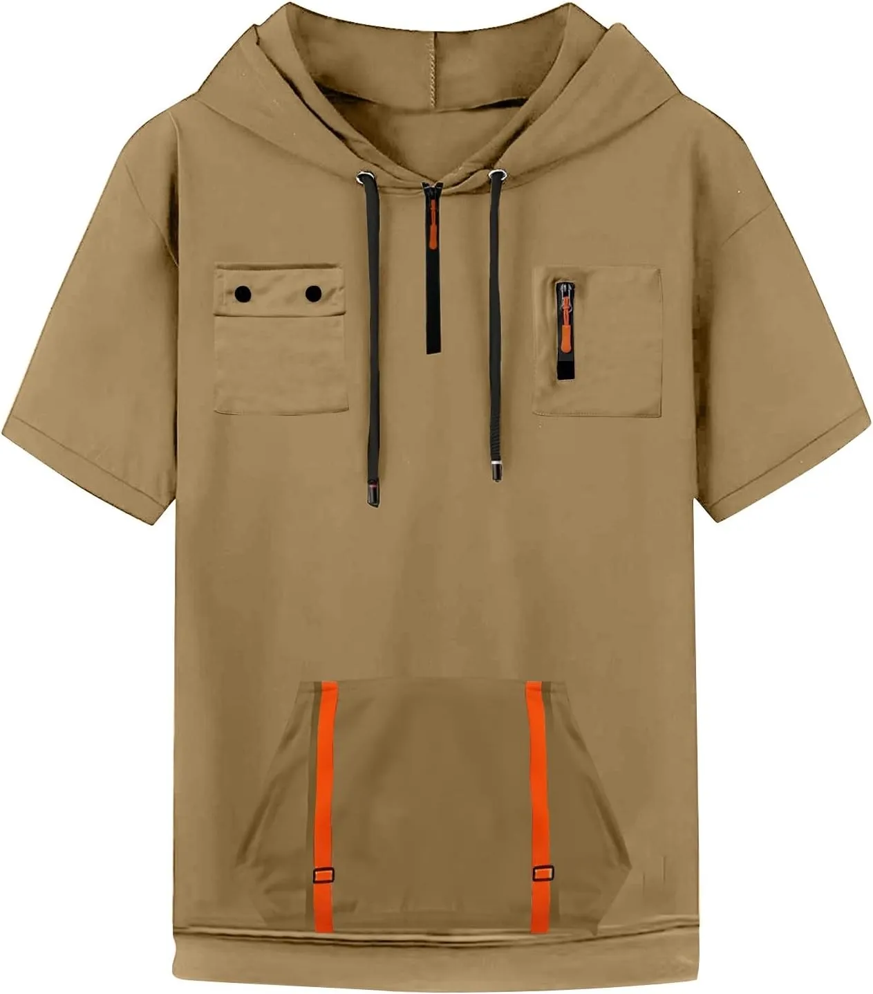 Short Sleeve Hoodie For Men Tactical Street Gym Lightweight Hooded Sweatshirt Drawstring Pullover Workout Tops