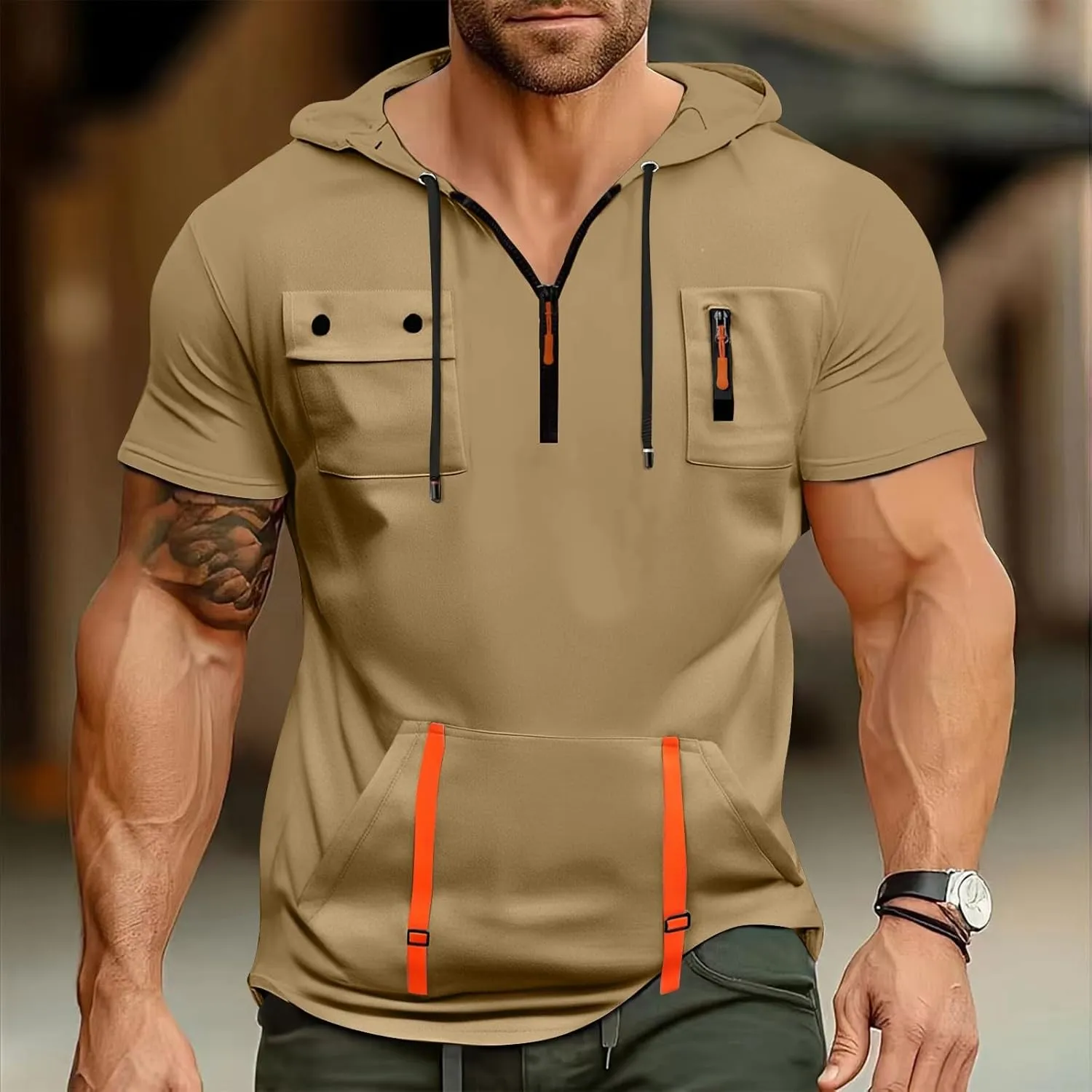 Short Sleeve Hoodie For Men Tactical Street Gym Lightweight Hooded Sweatshirt Drawstring Pullover Workout Tops