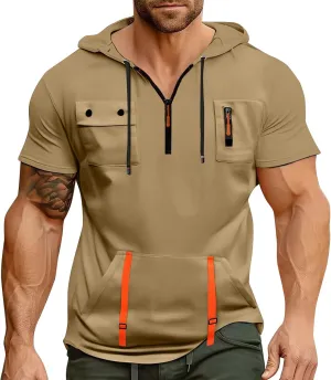 Short Sleeve Hoodie For Men Tactical Street Gym Lightweight Hooded Sweatshirt Drawstring Pullover Workout Tops