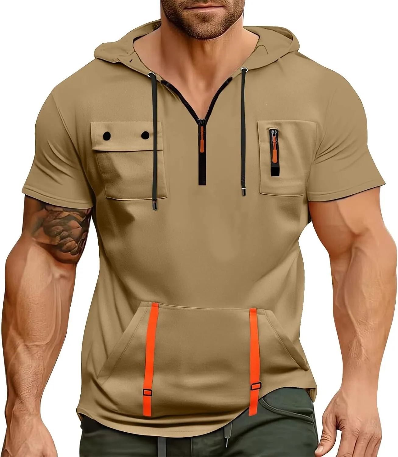 Short Sleeve Hoodie For Men Tactical Street Gym Lightweight Hooded Sweatshirt Drawstring Pullover Workout Tops