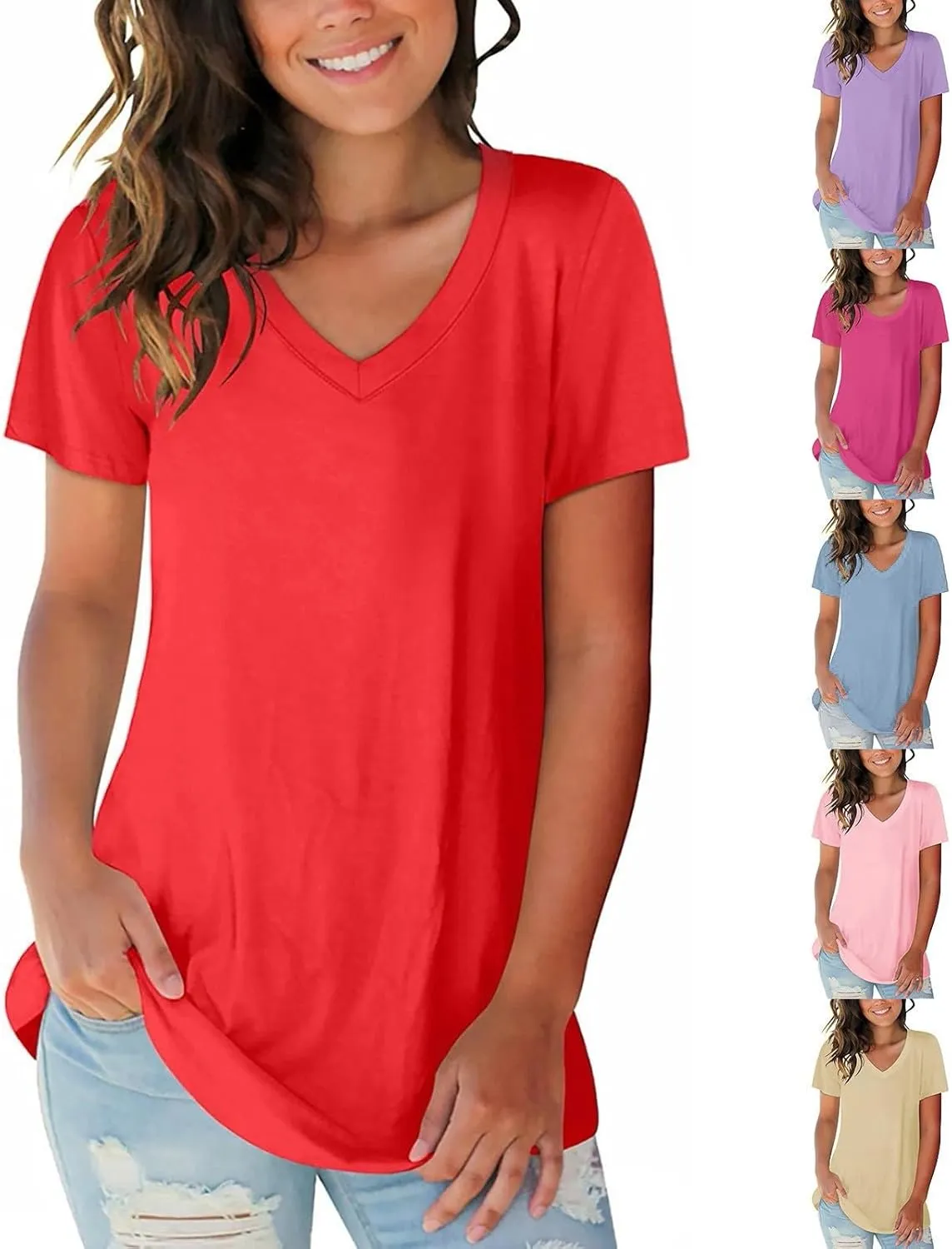 Short Sleeve T Shirts for Women Fashion V Neck Loose Soft Tees Trendy Lightweight Casual Summer Basic Outfits 2025
