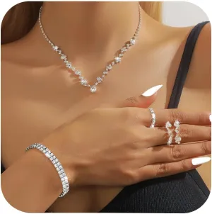 Silver Rhinestone Necklace Bridesmaid Earring Wedding Jewelry Sets for Brides Prom Jewelry Set for Women