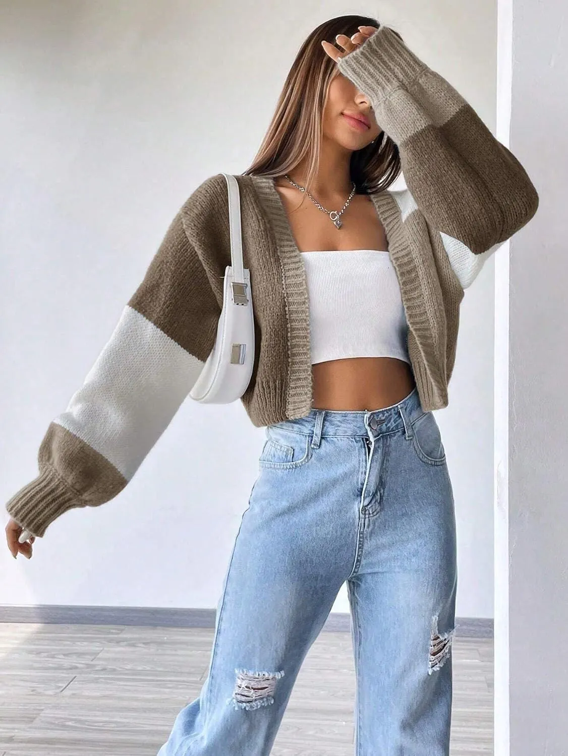 SISKIN Womens Fall & Spring Lightweight Long Sleeve Cropped Open Front Color Block Cardigan Sweaters for Women Trendy