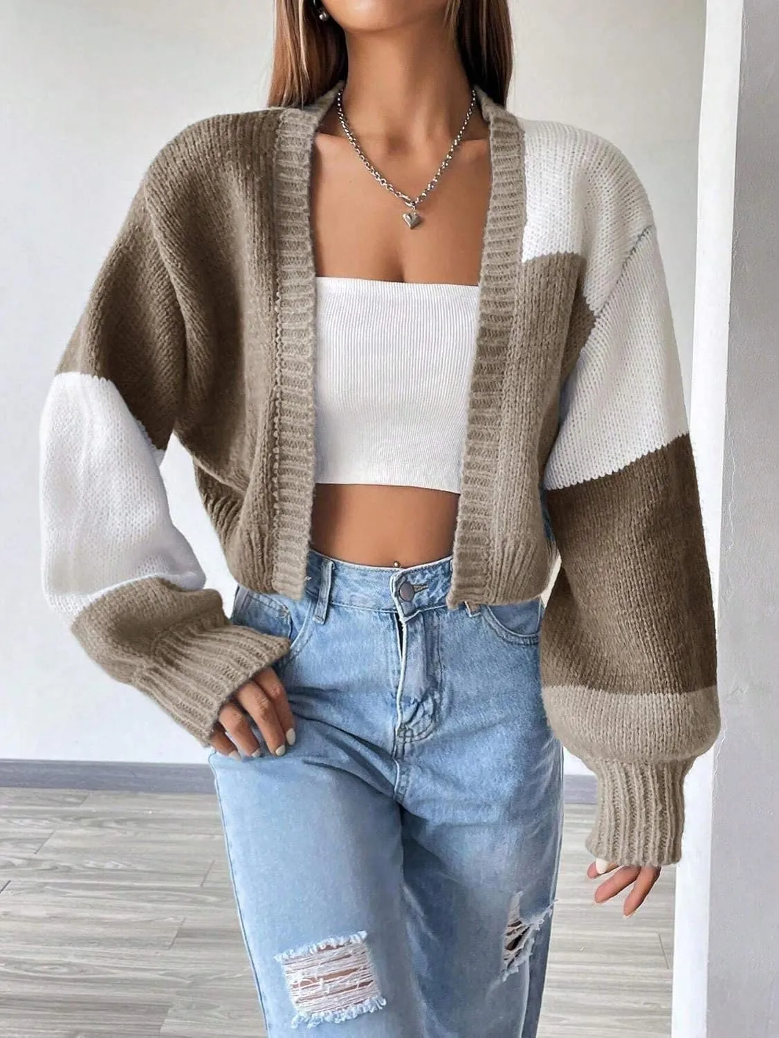 SISKIN Womens Fall & Spring Lightweight Long Sleeve Cropped Open Front Color Block Cardigan Sweaters for Women Trendy