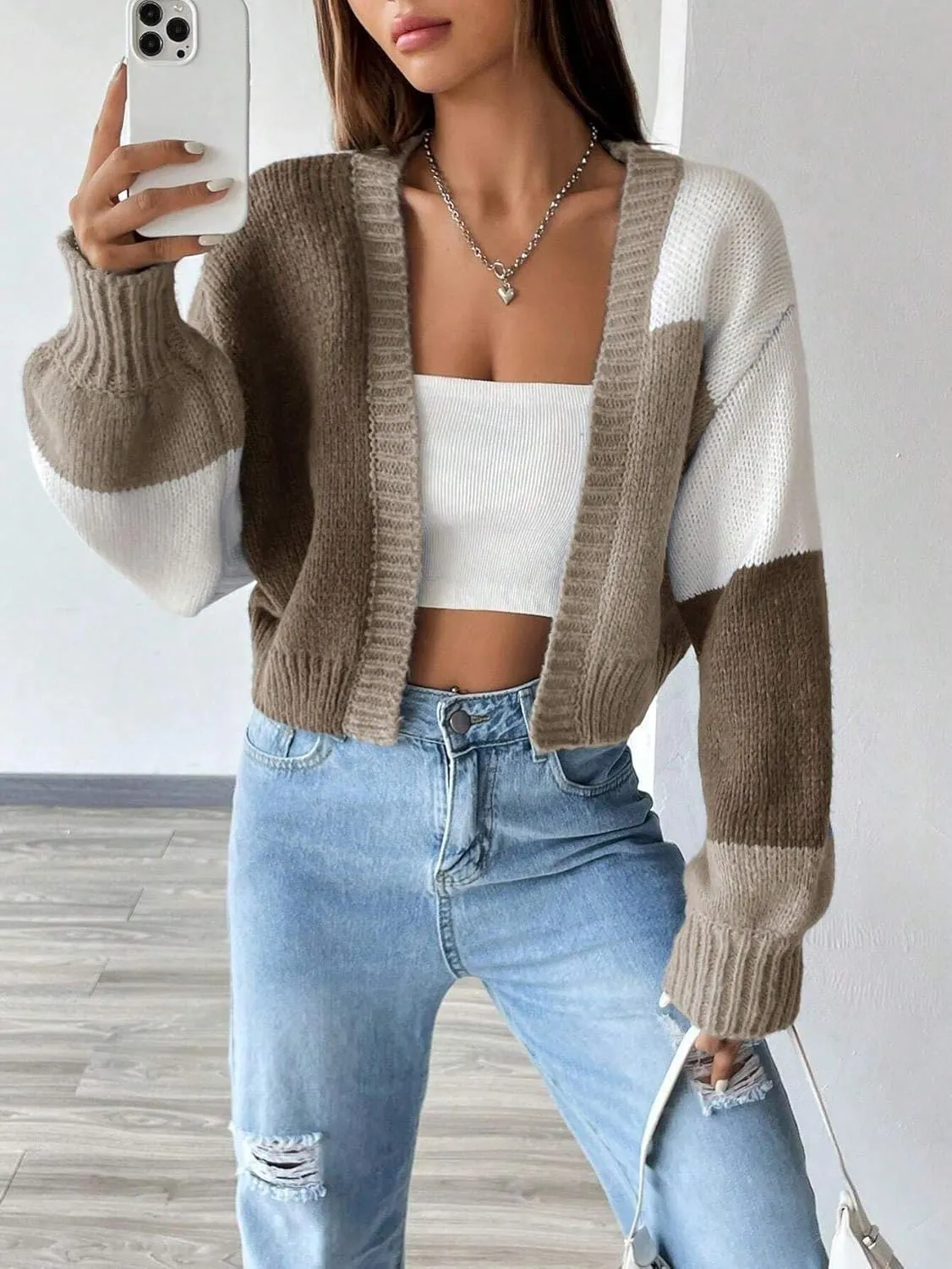 SISKIN Womens Fall & Spring Lightweight Long Sleeve Cropped Open Front Color Block Cardigan Sweaters for Women Trendy