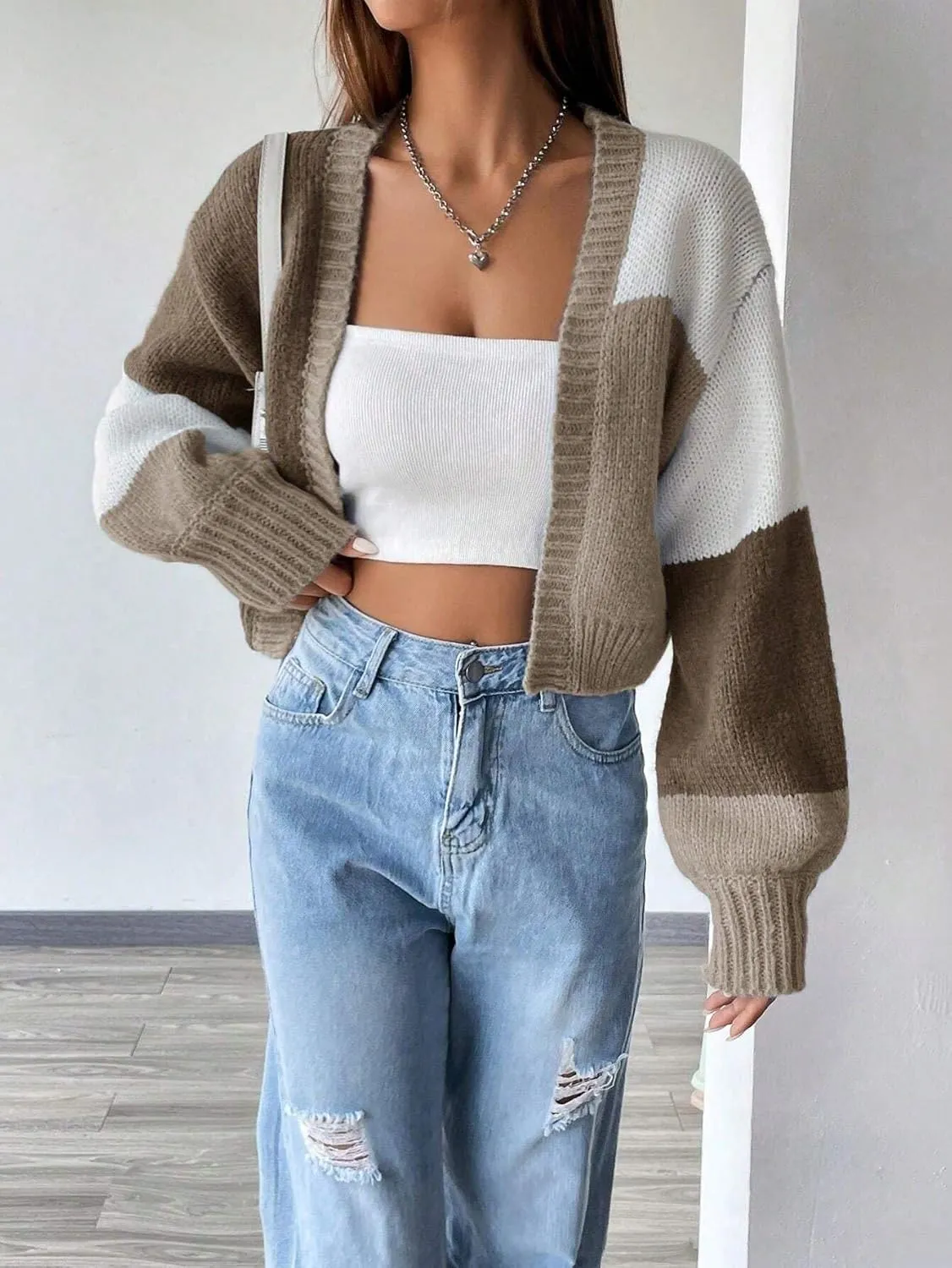 SISKIN Womens Fall & Spring Lightweight Long Sleeve Cropped Open Front Color Block Cardigan Sweaters for Women Trendy