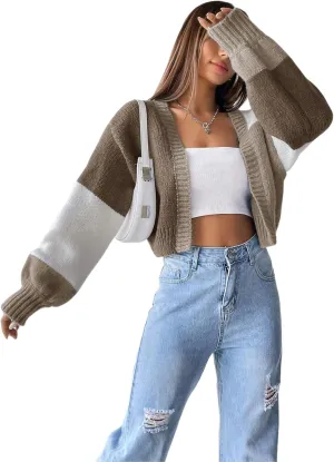 SISKIN Womens Fall & Spring Lightweight Long Sleeve Cropped Open Front Color Block Cardigan Sweaters for Women Trendy