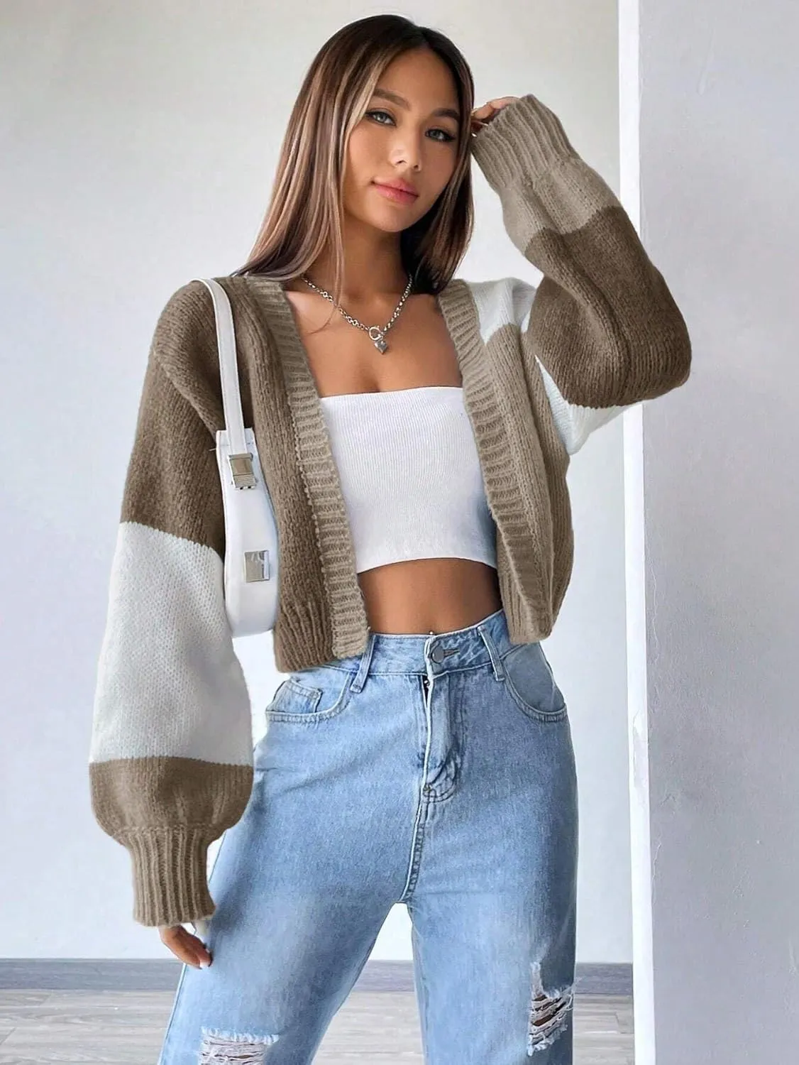 SISKIN Womens Fall & Spring Lightweight Long Sleeve Cropped Open Front Color Block Cardigan Sweaters for Women Trendy