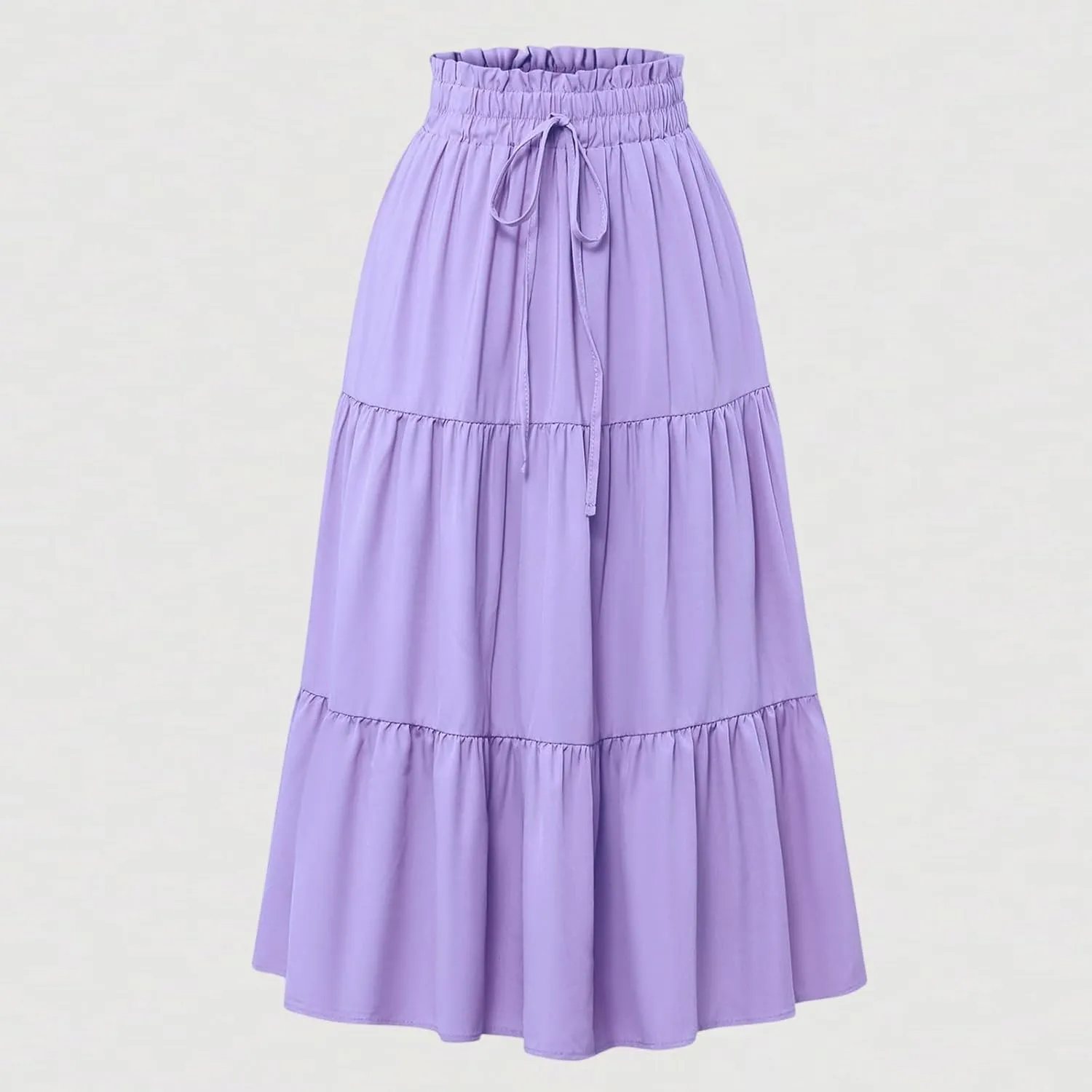 Skirts for Women Summer Drawstring High Waist Midi Skirt Loose Aline Solid Color Tiered Ruffle Knee Length Skirt