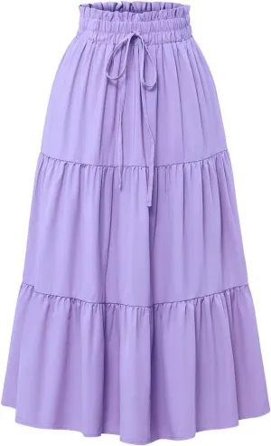 Skirts for Women Summer Drawstring High Waist Midi Skirt Loose Aline Solid Color Tiered Ruffle Knee Length Skirt