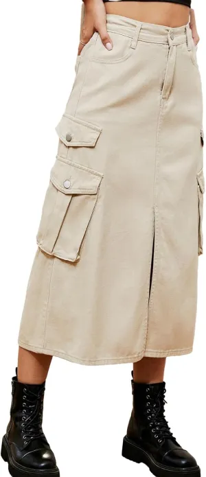 Slit Front Midi Denim Skirt with Pockets, Women's Casual Stretch High Waisted Slim Fit A Line Long Cargo Jean Skirt