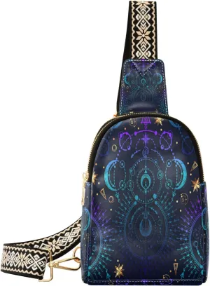 Small Sling Bag Waist Packs Leather Crossbody Packs Chest Bag Moon Star Witchy Blue & Purple for Women Travel Belt Purse