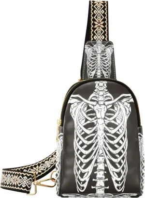 Small Sling Bag Waist Packs Leather Crossbody Packs Chest Bag Skeleton Bones Skulls for Women Travel Belt Purse