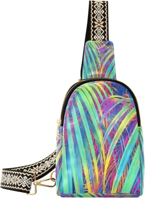 Small Sling Bag Waist Packs Leather Crossbody Packs Chest Bag Trapical Leaves for Women Travel Belt Purse