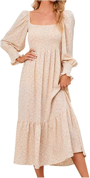 SMIDOW Bohemian Dress for Women Summer 2023 Long Sleeve Square Neck Maxi Dress Smocked Ruffle Flowy Chiffon Beach Sundress