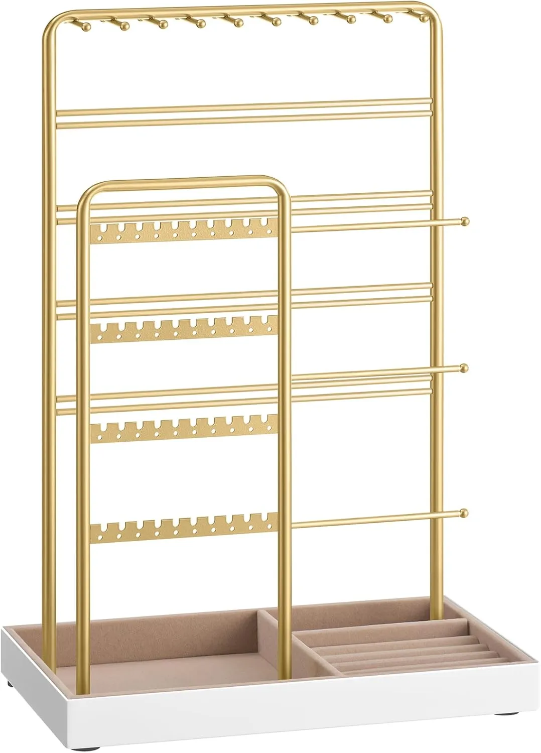 SONGMICS Jewelry Holder, Jewelry Organizer, Jewelry Display Stand with Metal Frame, Velvet Tray, Necklace Earring Bracelet Holder, for Studs, Rings, Gift Idea, Pale Gold UJJS028A01