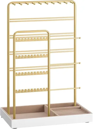 SONGMICS Jewelry Holder, Jewelry Organizer, Jewelry Display Stand with Metal Frame, Velvet Tray, Necklace Earring Bracelet Holder, for Studs, Rings, Gift Idea, Pale Gold UJJS028A01