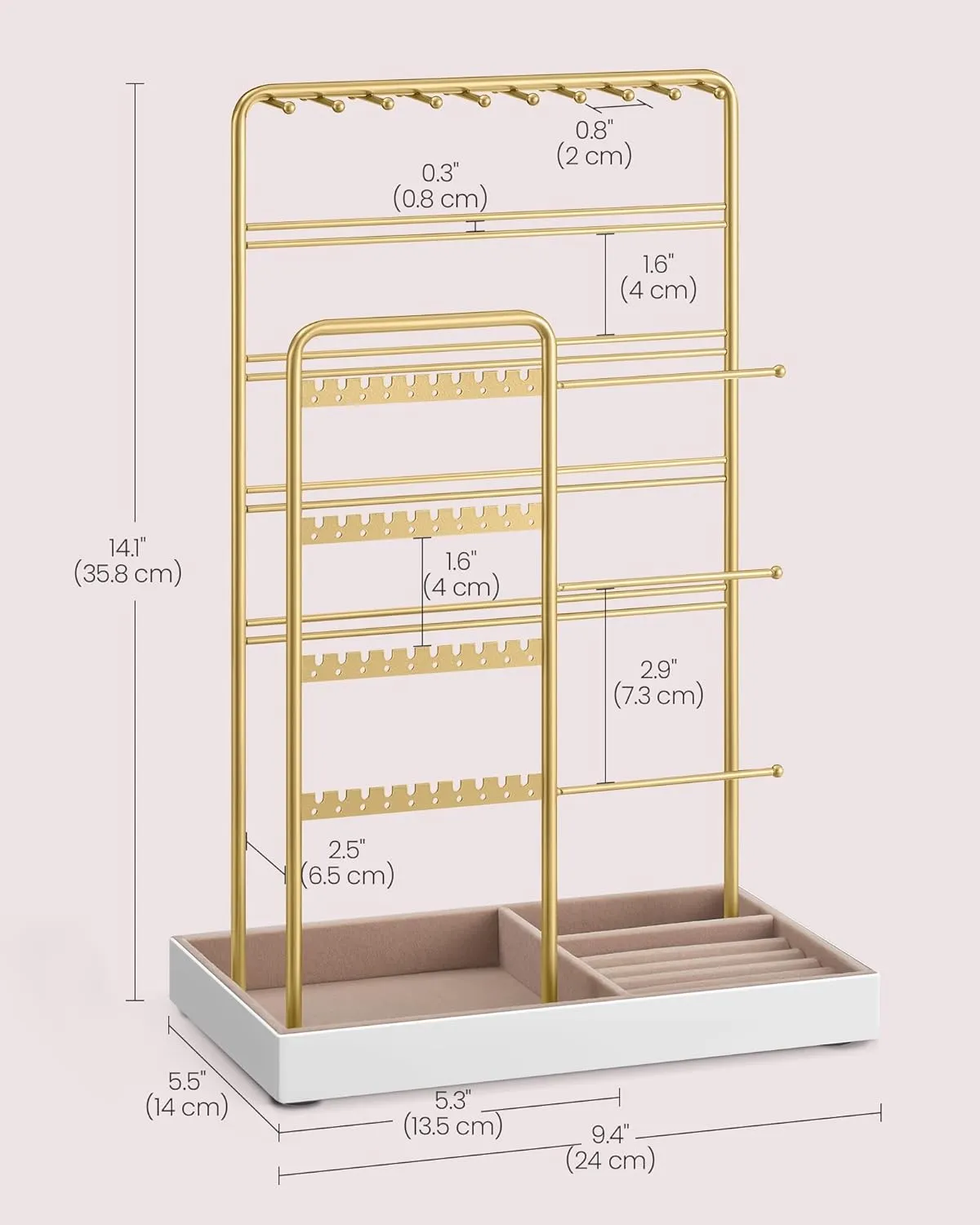 SONGMICS Jewelry Holder, Jewelry Organizer, Jewelry Display Stand with Metal Frame, Velvet Tray, Necklace Earring Bracelet Holder, for Studs, Rings, Gift Idea, Pale Gold UJJS028A01