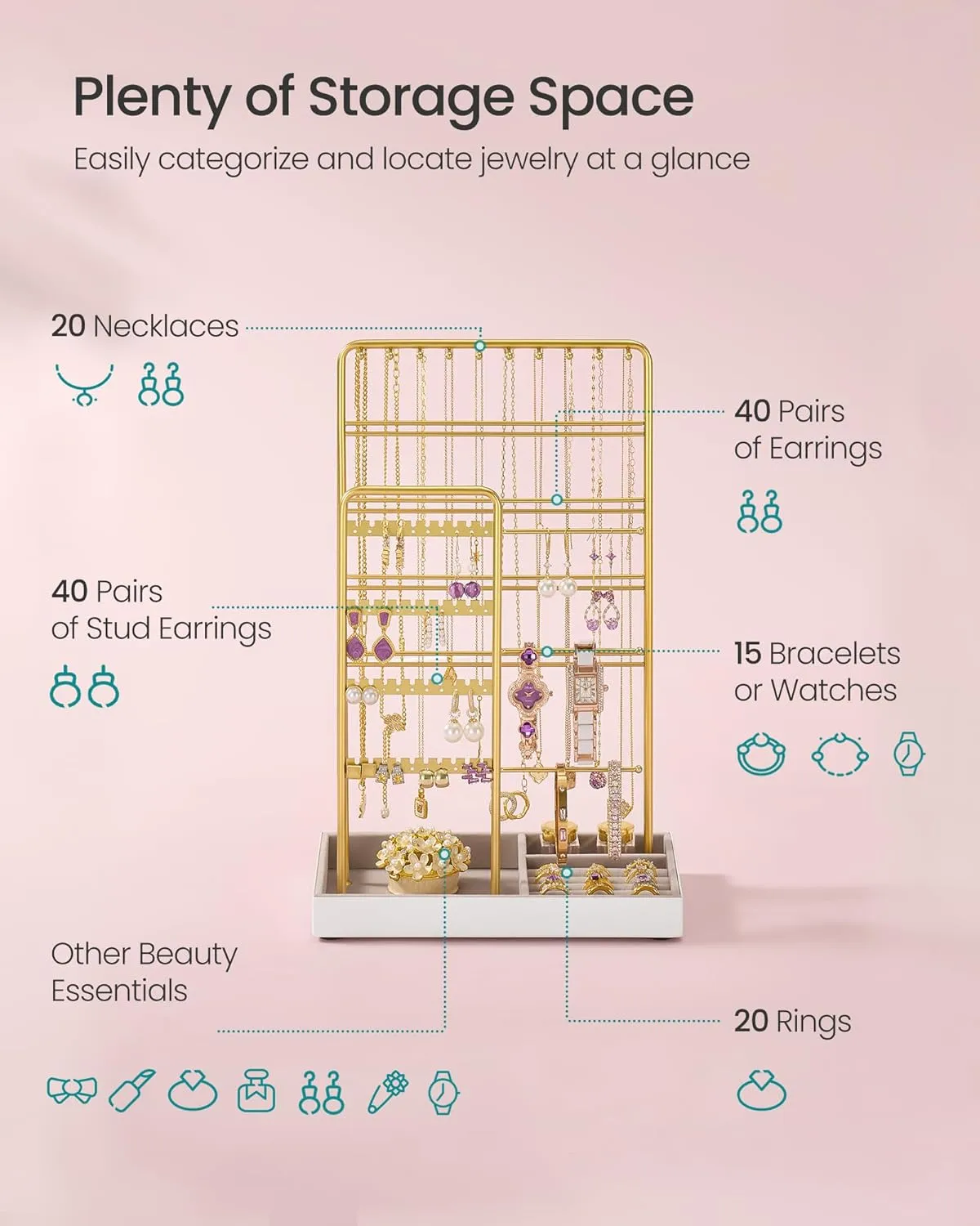 SONGMICS Jewelry Holder, Jewelry Organizer, Jewelry Display Stand with Metal Frame, Velvet Tray, Necklace Earring Bracelet Holder, for Studs, Rings, Gift Idea, Pale Gold UJJS028A01