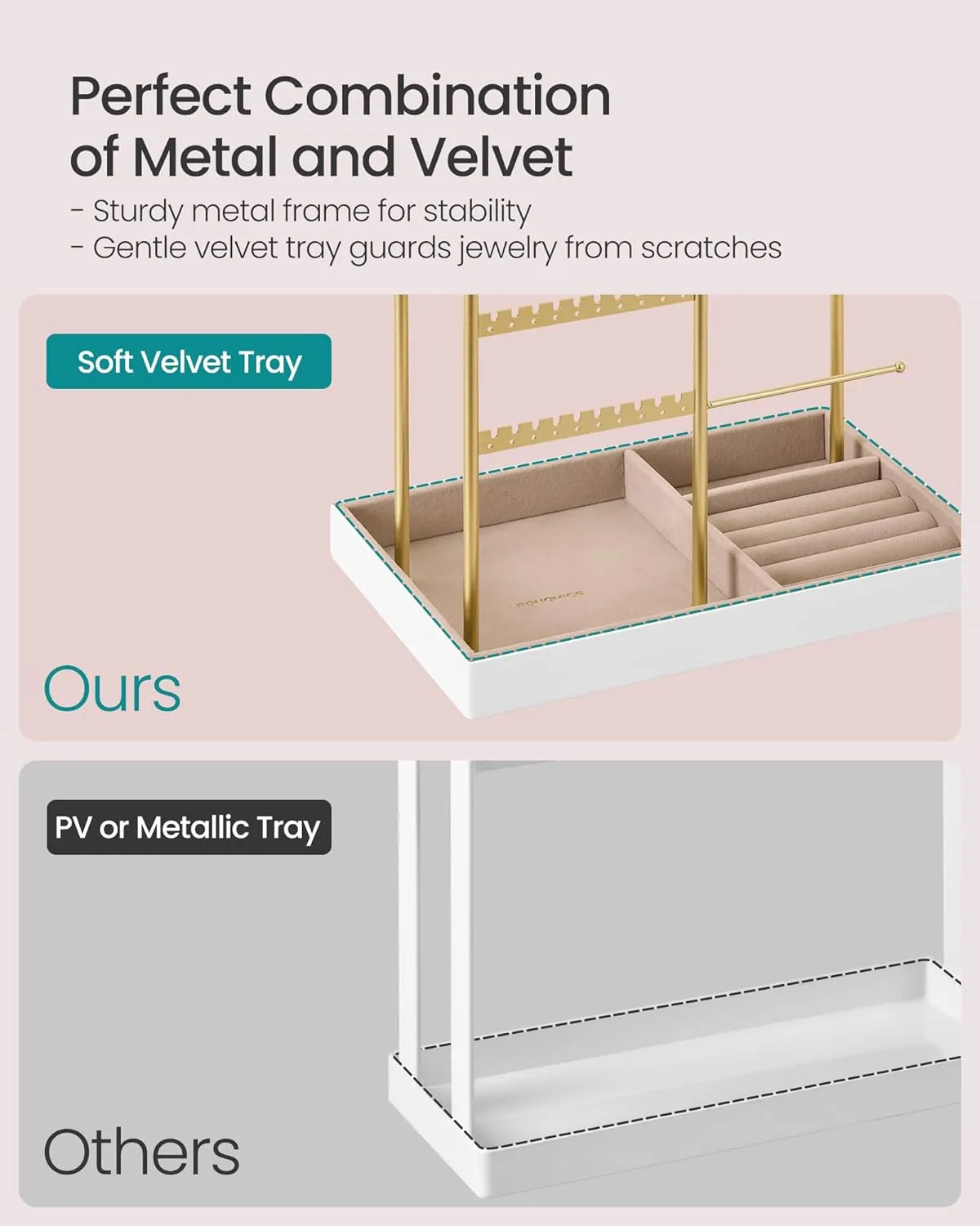 SONGMICS Jewelry Holder, Jewelry Organizer, Jewelry Display Stand with Metal Frame, Velvet Tray, Necklace Earring Bracelet Holder, for Studs, Rings, Gift Idea, Pale Gold UJJS028A01