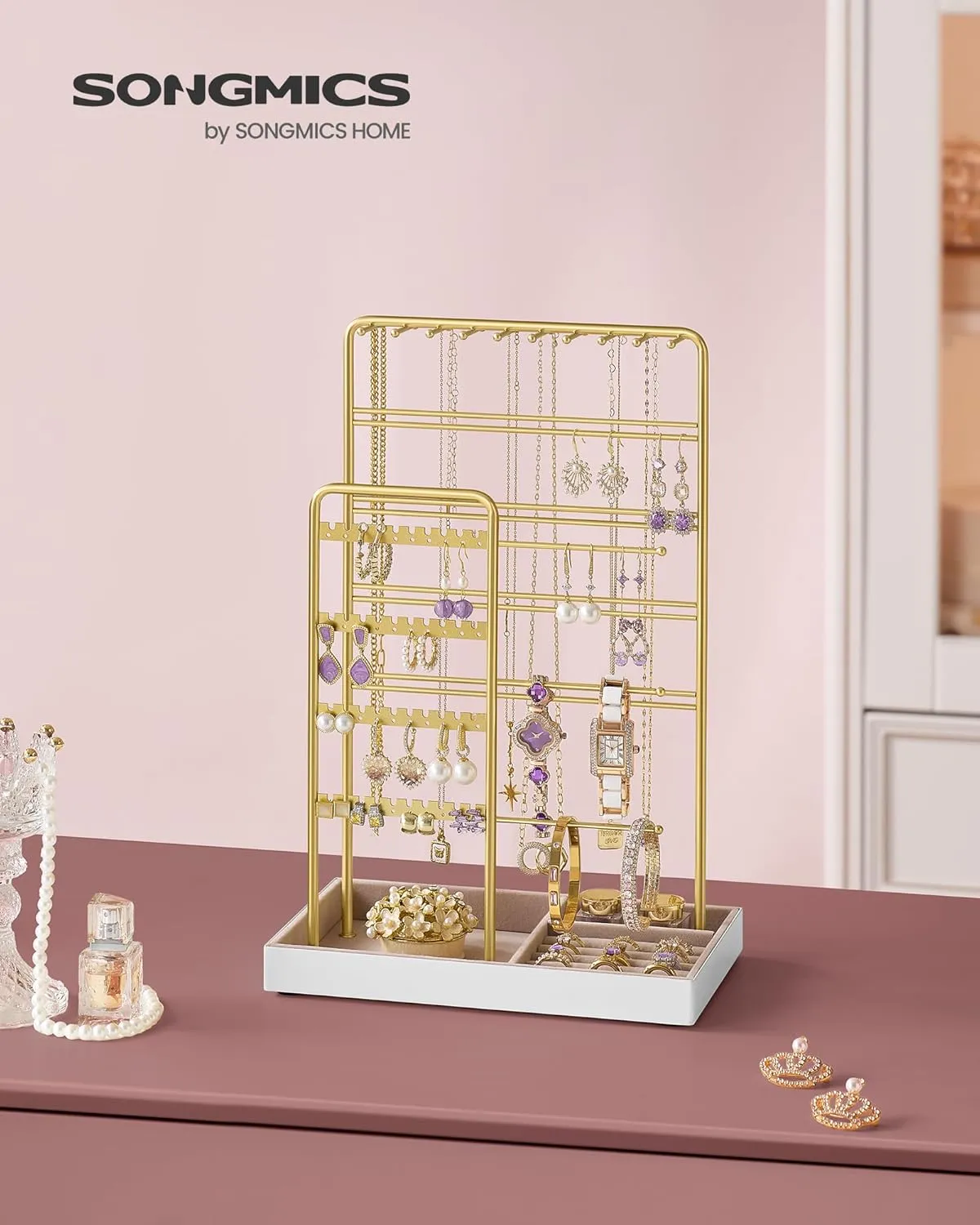 SONGMICS Jewelry Holder, Jewelry Organizer, Jewelry Display Stand with Metal Frame, Velvet Tray, Necklace Earring Bracelet Holder, for Studs, Rings, Gift Idea, Pale Gold UJJS028A01