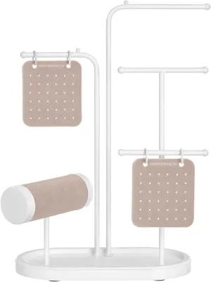 SONGMICS Jewelry Stand, Jewelry Organizer, Jewelry Display Holder with Metal Frame, 2 Earring Boards, 4 Hanging Rods, Necklace Earring Bracelet Holder, for Watches, Cloud White UJJS025W01