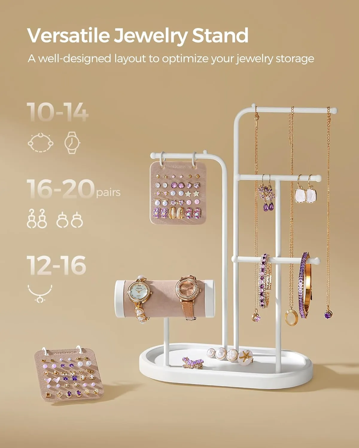 SONGMICS Jewelry Stand, Jewelry Organizer, Jewelry Display Holder with Metal Frame, 2 Earring Boards, 4 Hanging Rods, Necklace Earring Bracelet Holder, for Watches, Cloud White UJJS025W01