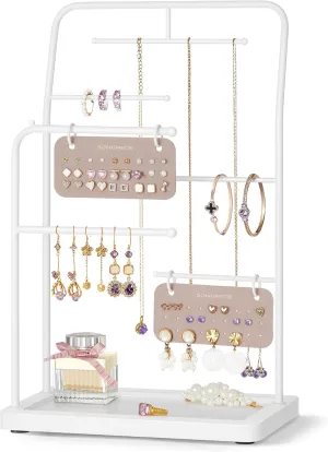 SONGMICS Jewelry Stand, Jewelry Organizer, Jewelry Display Holder with Metal Frame, 2 Earring Boards, 6 Hanging Rods, Necklace Earring Bracelet Holder, for Rings, Cloud White UJJS024W01