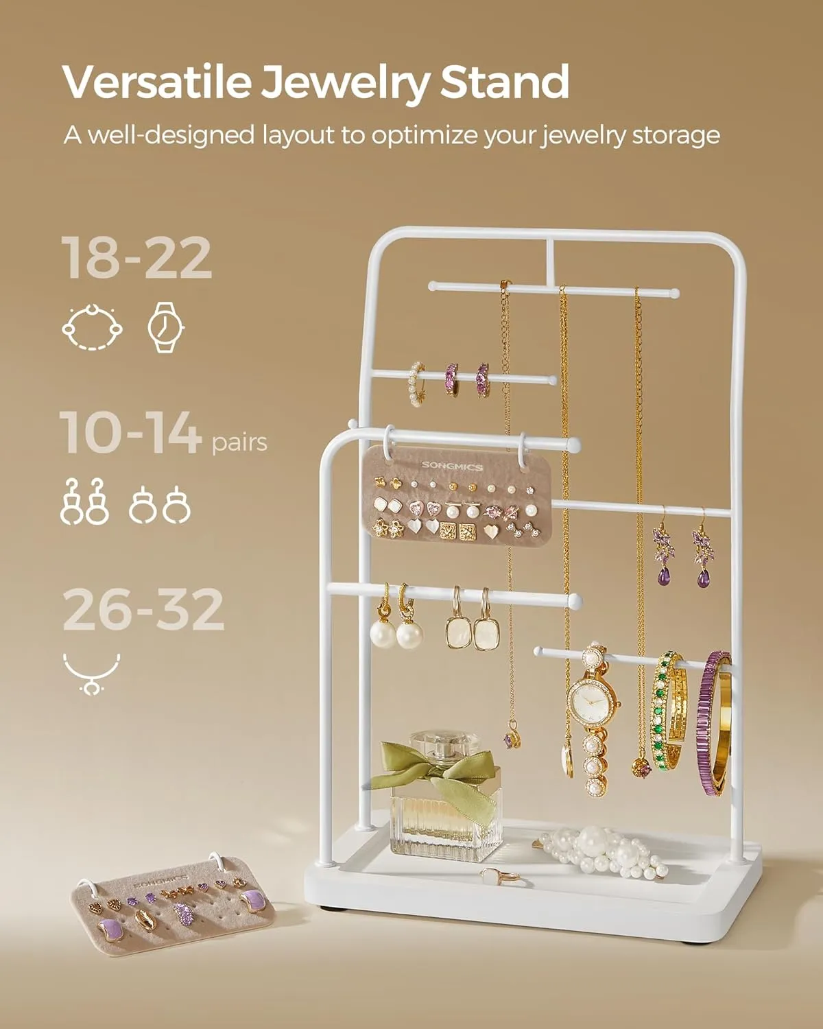 SONGMICS Jewelry Stand, Jewelry Organizer, Jewelry Display Holder with Metal Frame, 2 Earring Boards, 6 Hanging Rods, Necklace Earring Bracelet Holder, for Rings, Cloud White UJJS024W01