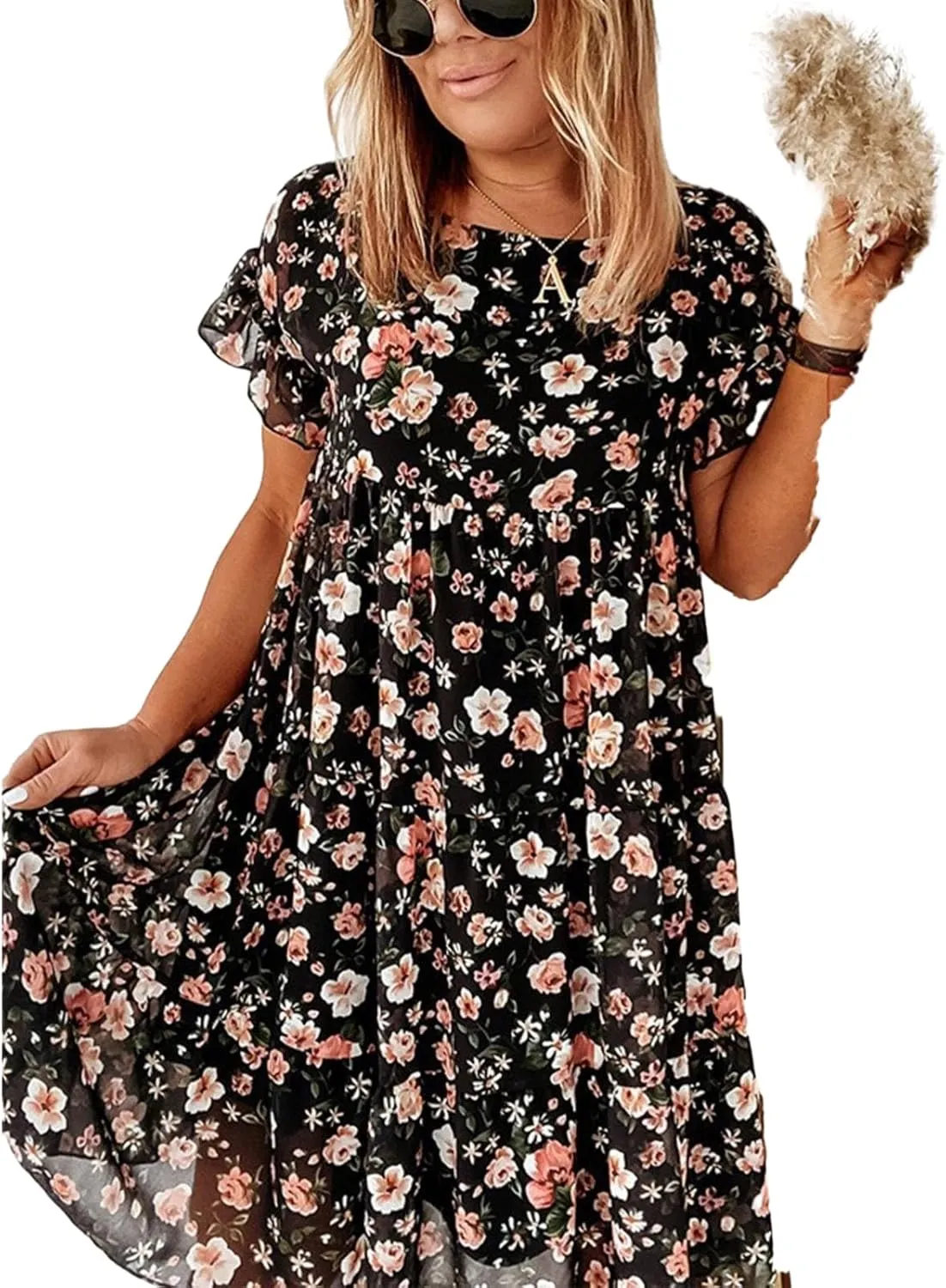 Spring Dresses for Women 2024 Trendy Flowy Casual V Neck 3/4 Sleeve Floral Maxi Dress Plus Size A Line Summer Long Dresses